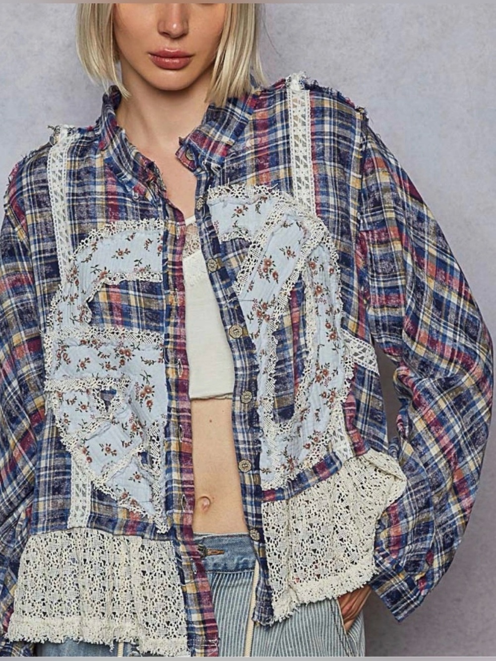 POL Plaid Patchwork Lace-Trim Jean Jacket - Blue Multi
